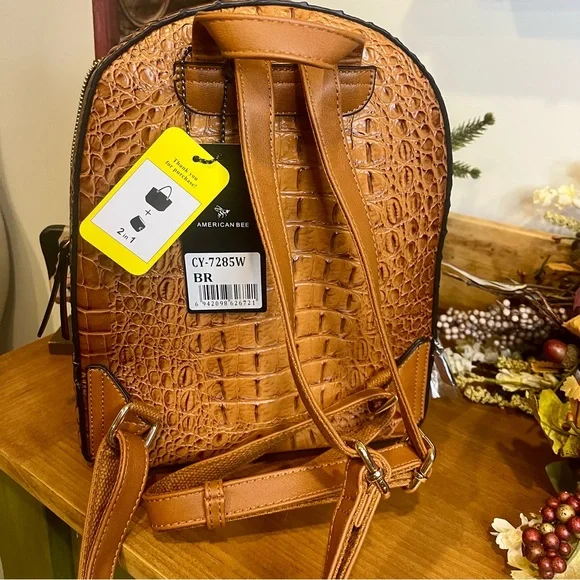 American Bee Preppy Vegan Leather Croc Backpack & Wallet Set in Brown. NWT - Picture 9 of 14